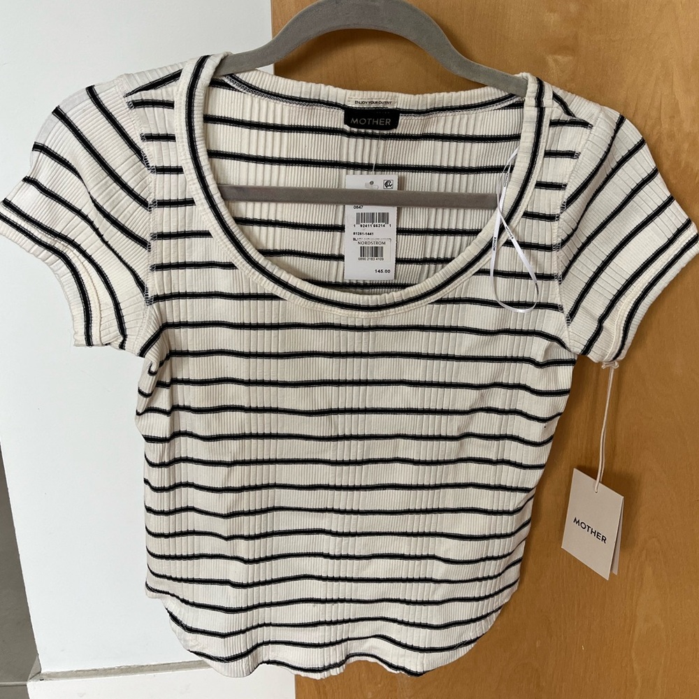 MOTHER Navy and White striped Ribbed Fitted Tee